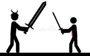 battle-clipart-a-man-is-trying-to-cut-the-sword-with-knife-royalty-illustration