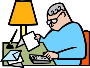 bill-clipart-a-man-sitting-at-his-desk-with-papers-and-lamp