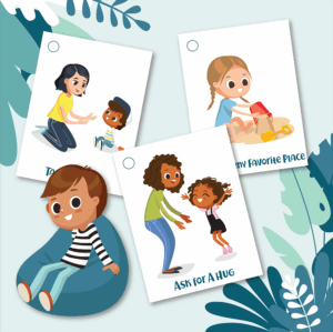 calm-body-clipart-four-children-playing-with-their-toys-and-a-plant