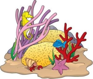 coral-reef-clipart-a-cartoon-seahorse-and-corals-on-the-beach