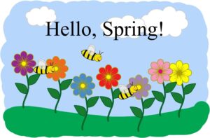 first-day-of-spring-clipart-a-cartoon-bee-flying-over-flowers-with-the-words-hello-spring