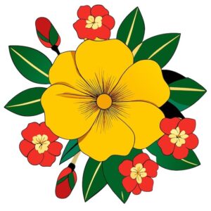 floral-clipart-a-yellow-flower-with-green-leaves-and-red-flowers