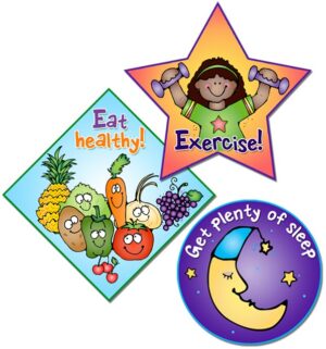 healthy-clipart-a-set-of-three-stickers-with-the-words-eat-healthy-exercise-and-fruit